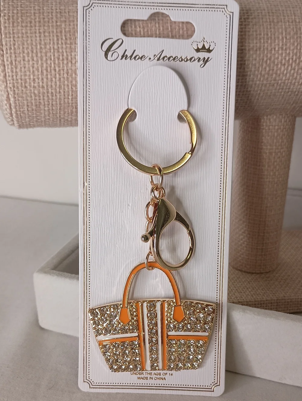 Women's Gold Rhinestone Handbag Keychain Bag Charm with Orange Accents GOLD